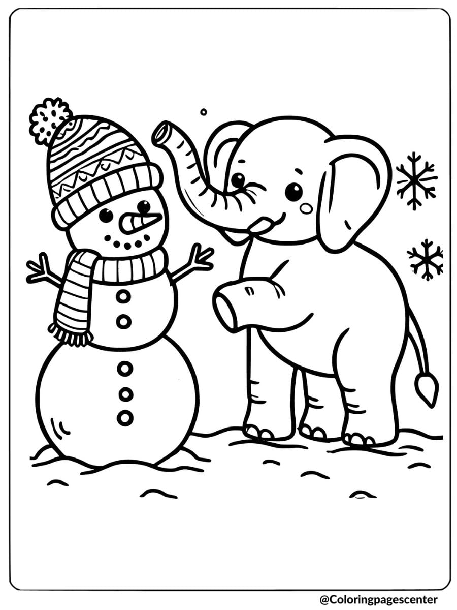 Christmas elephant with snowman coloring page