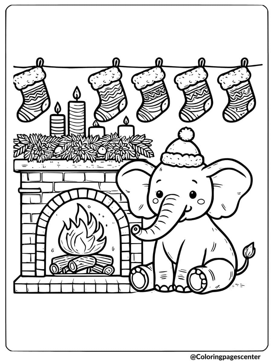 Christmas elephant by fireplace coloring page