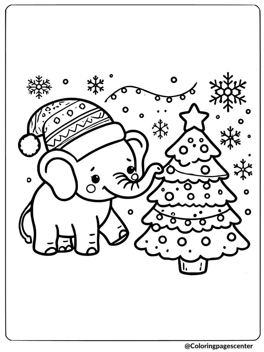 Christmas elephant with tree coloring page