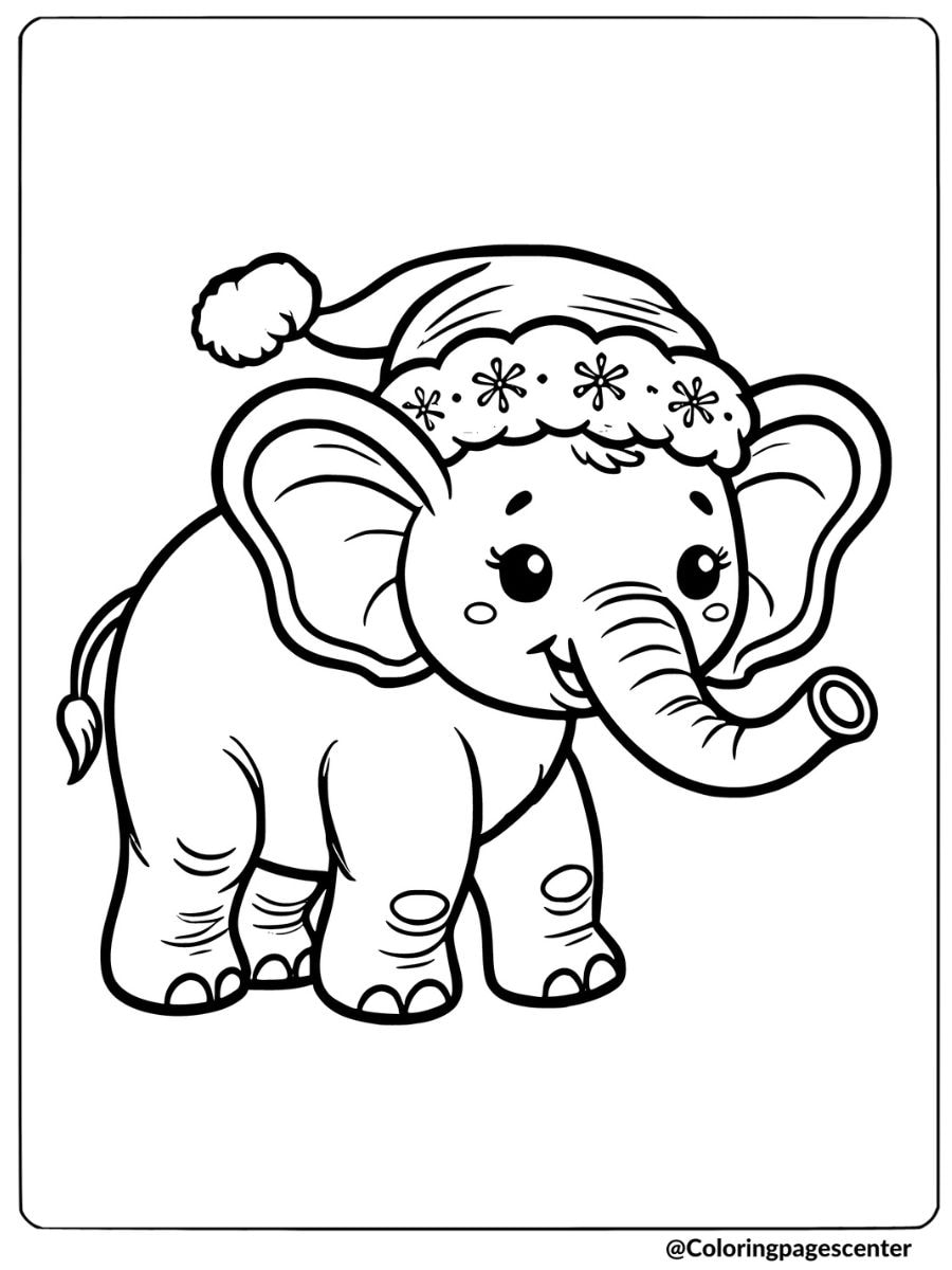 Christmas elephant with Santa hat coloring page