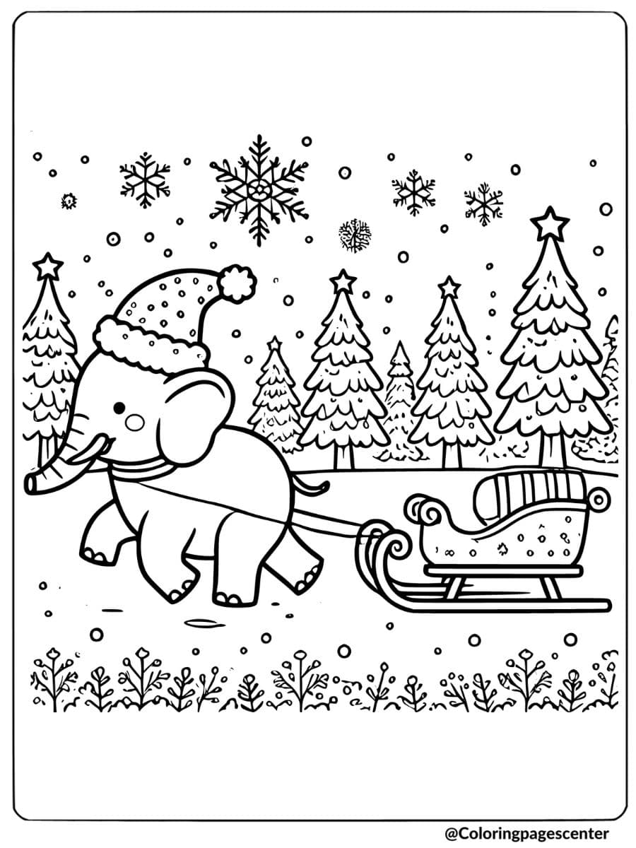 Christmas elephant pulling sleigh coloring page