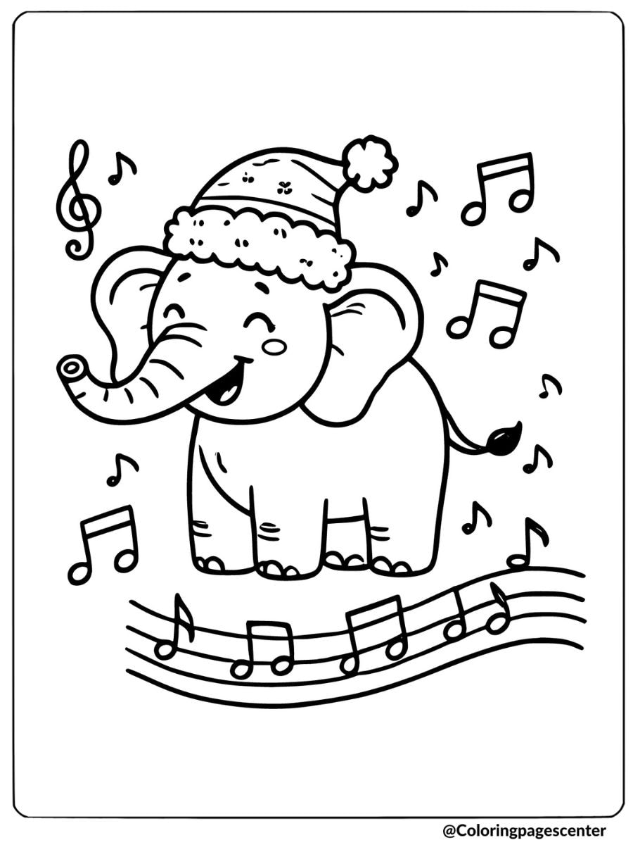 Christmas elephant singing carols coloring page