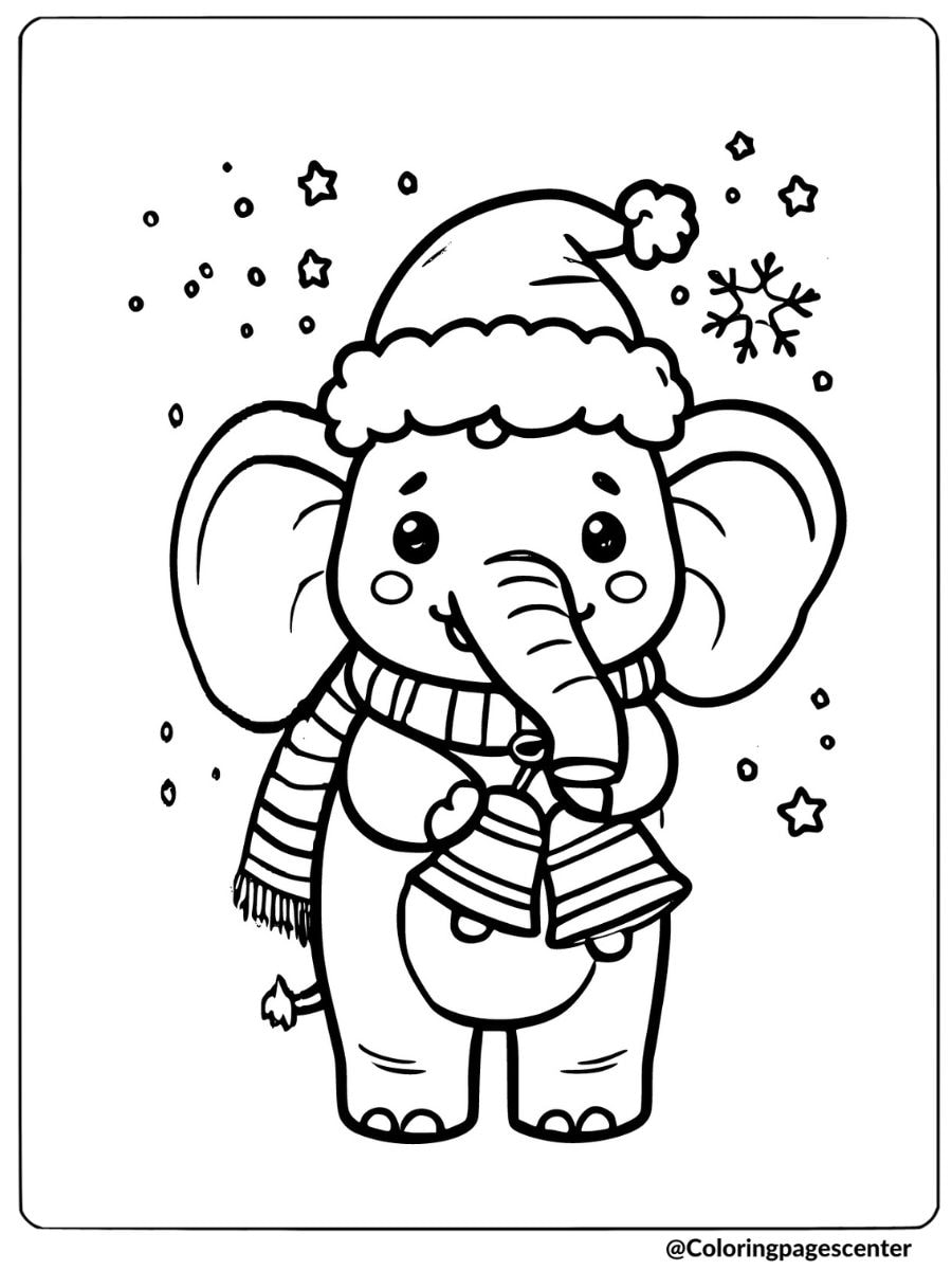 Christmas elephant holding bells coloring page