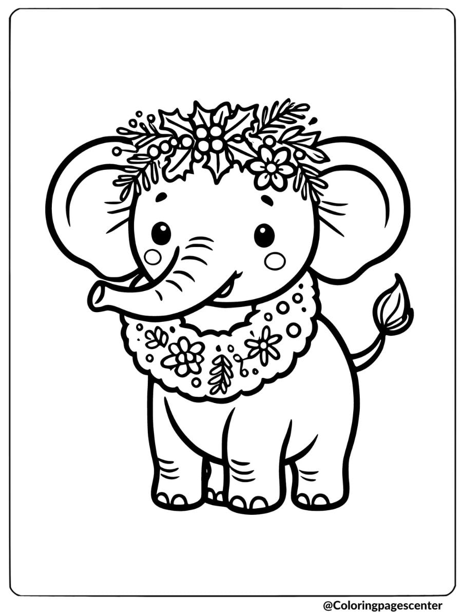 Christmas elephant wearing wreath coloring page