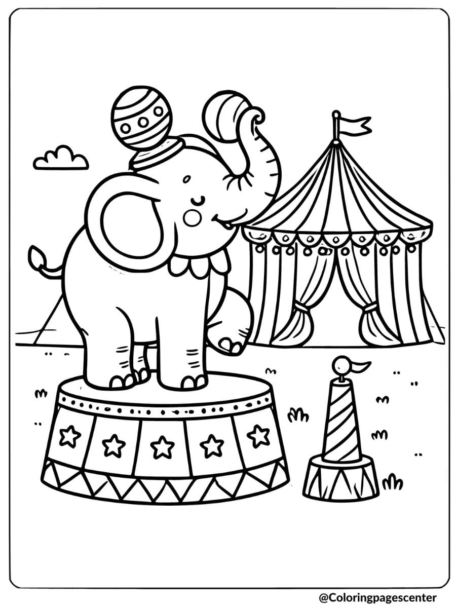 Circus elephant with a ball at the circus coloring page