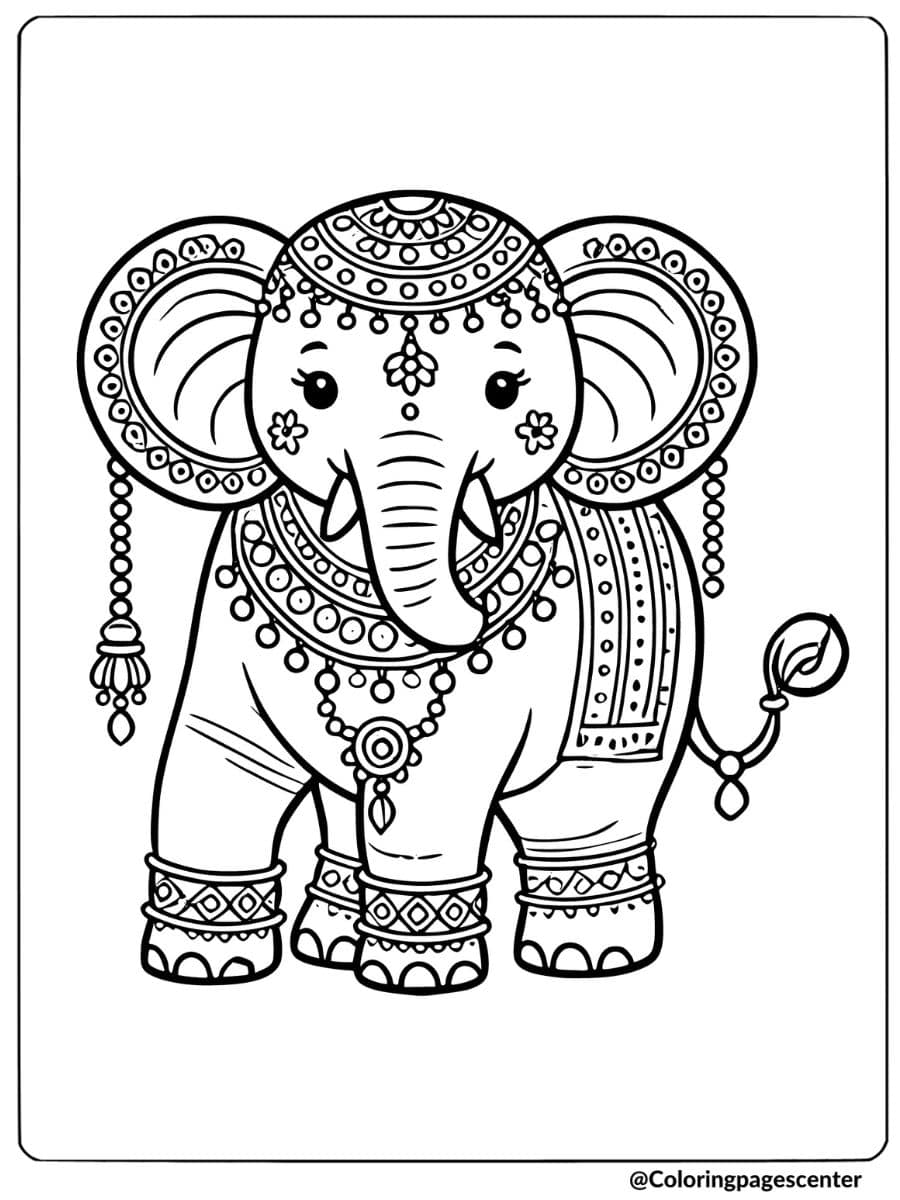 Decorative elephant adorned with jewelry coloring page