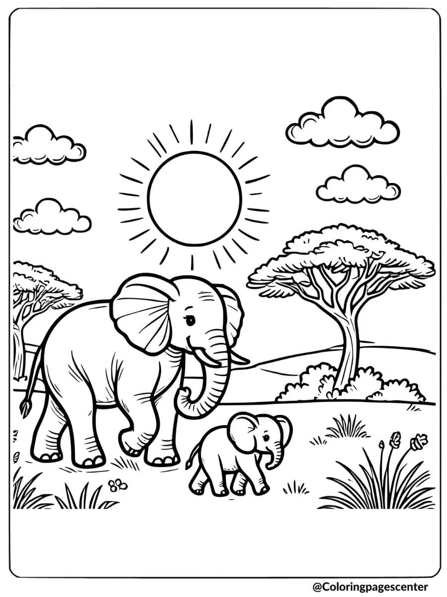 Elephant and calf in sunny savannah coloring page