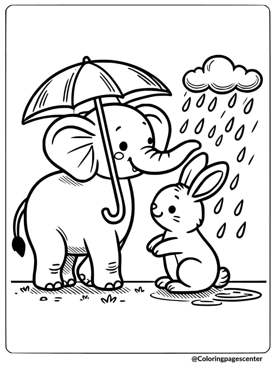 Elephant and rabbit under umbrella coloring page