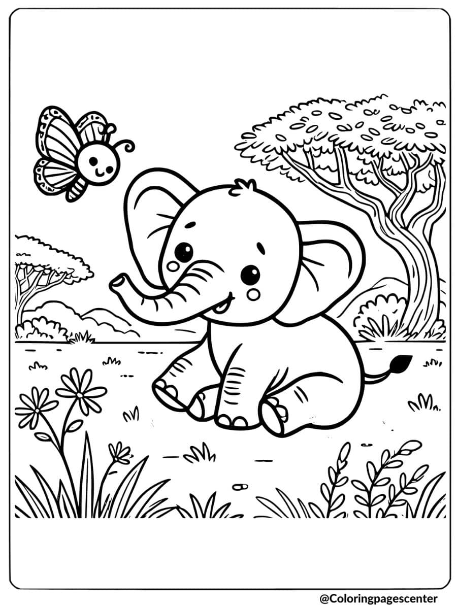 Cute elephant with butterfly in meadow coloring page