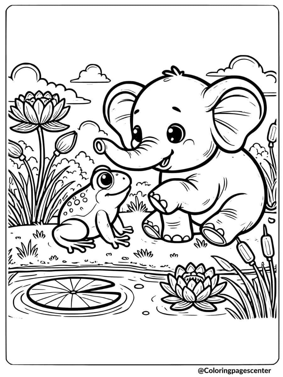 Elephant meeting a frog by the pond coloring page