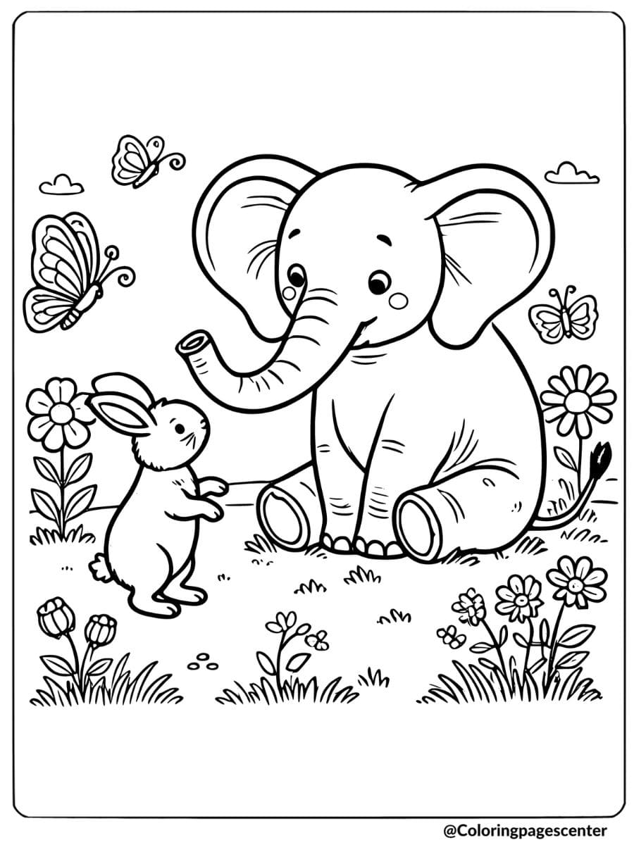 Elephant and rabbit surrounded by butterflies coloring page