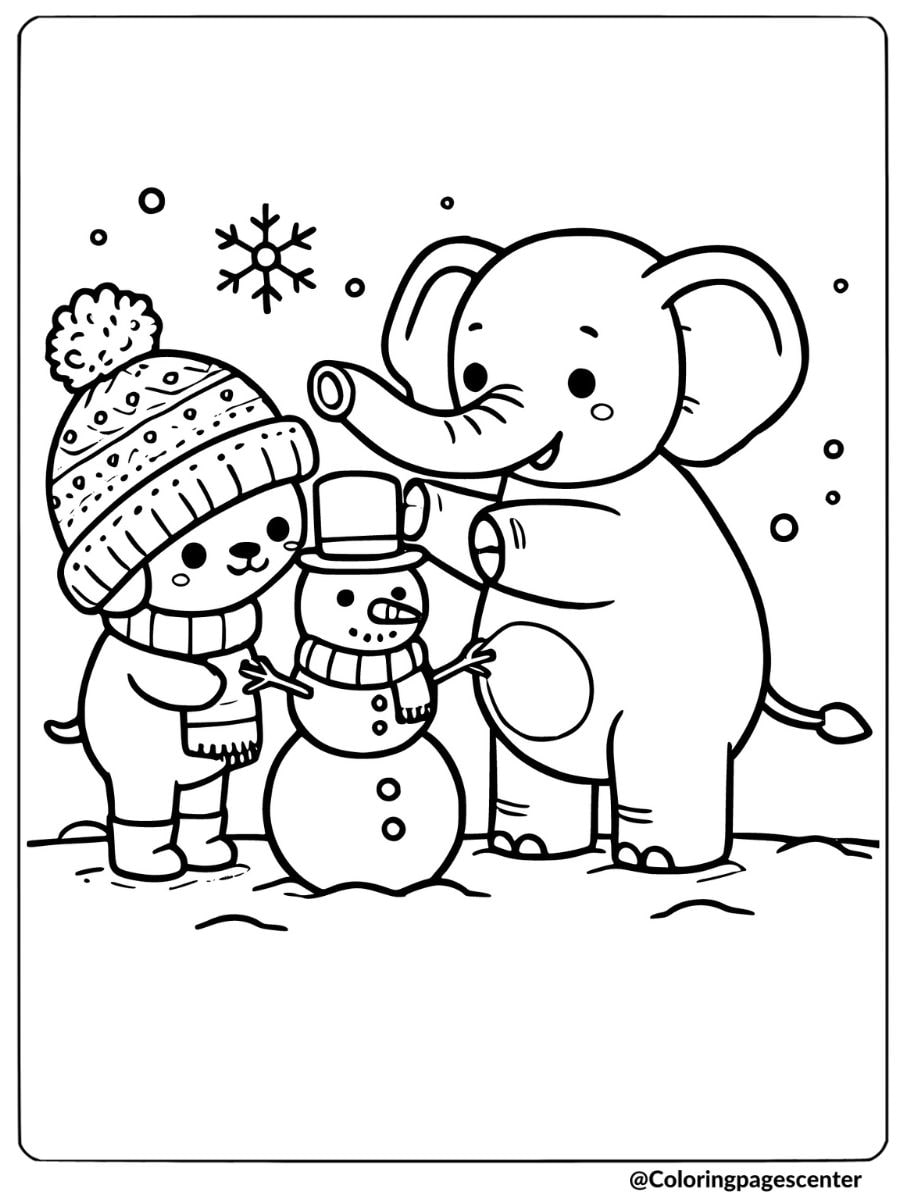 Elephant and friend building a snowman coloring page