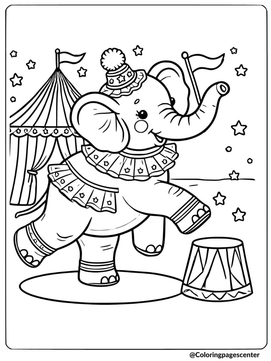 Circus elephant balancing on a drum coloring page for kids