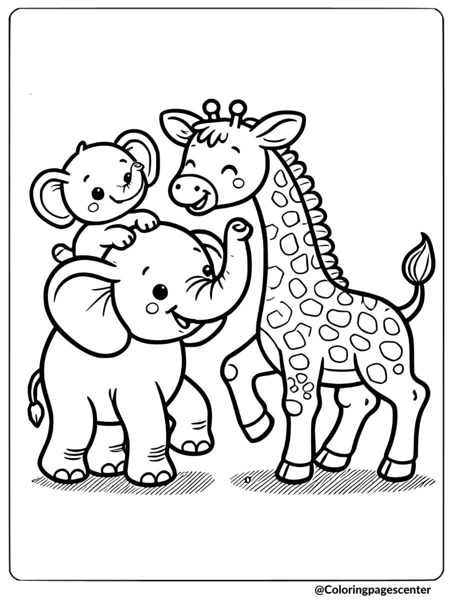 Baby elephant with giraffe and friend coloring page for kids