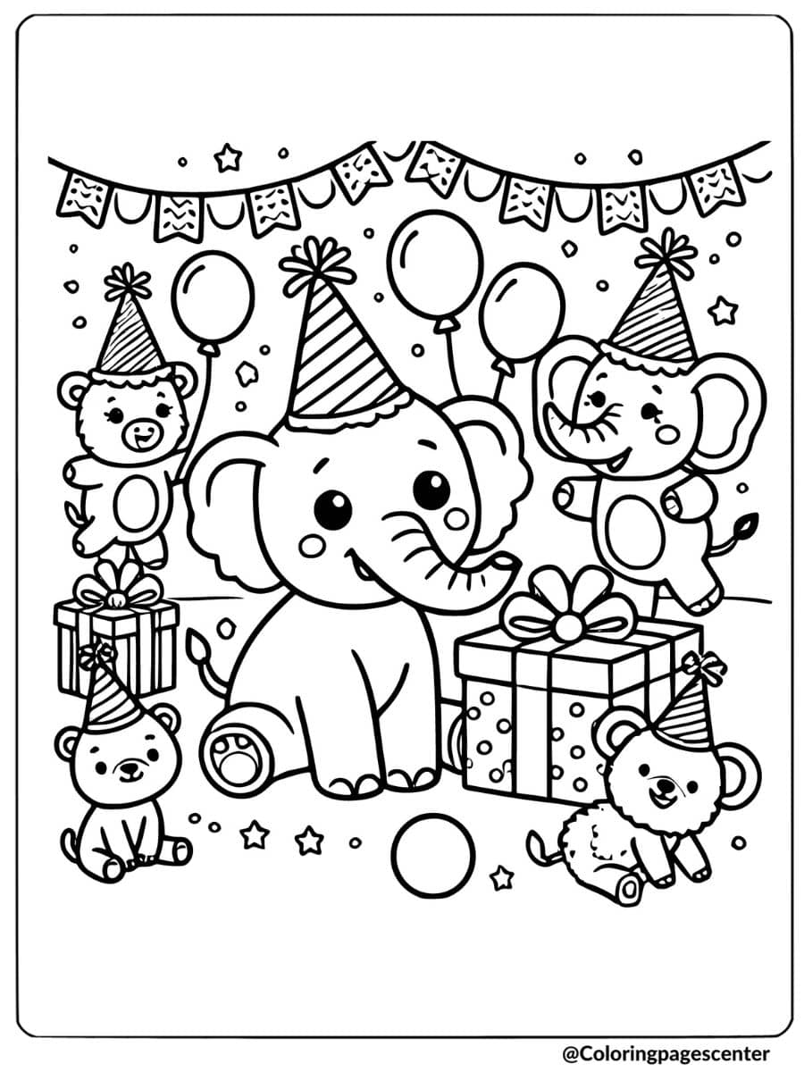 Elephant celebrating birthday with friends coloring page for kids