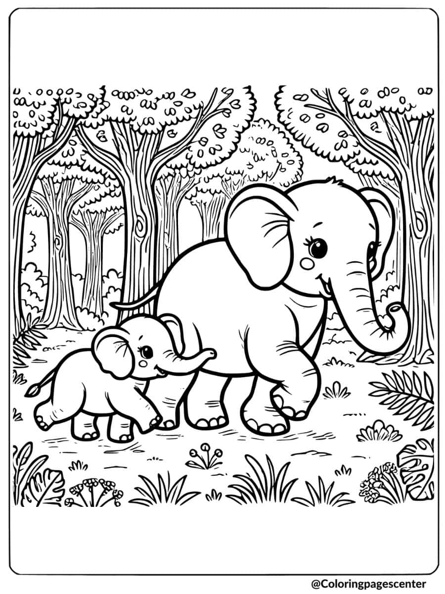 Baby elephant walking with parent in forest coloring page for kids