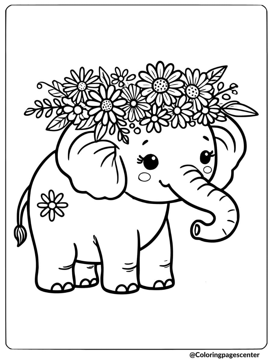 Elephant wearing a flower crown coloring page for kids
