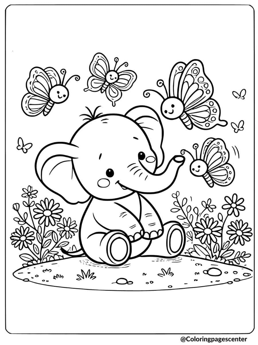 Elephant sitting with butterflies around coloring page for kids