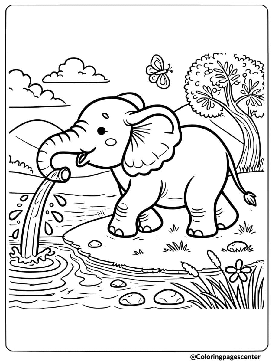 Elephant playing with water near a river coloring page for kids