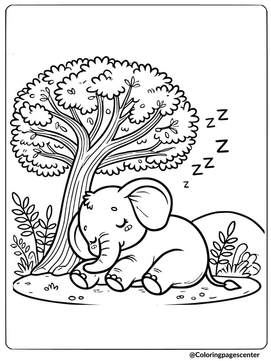 Elephant sleeping peacefully under a tree coloring page for kids