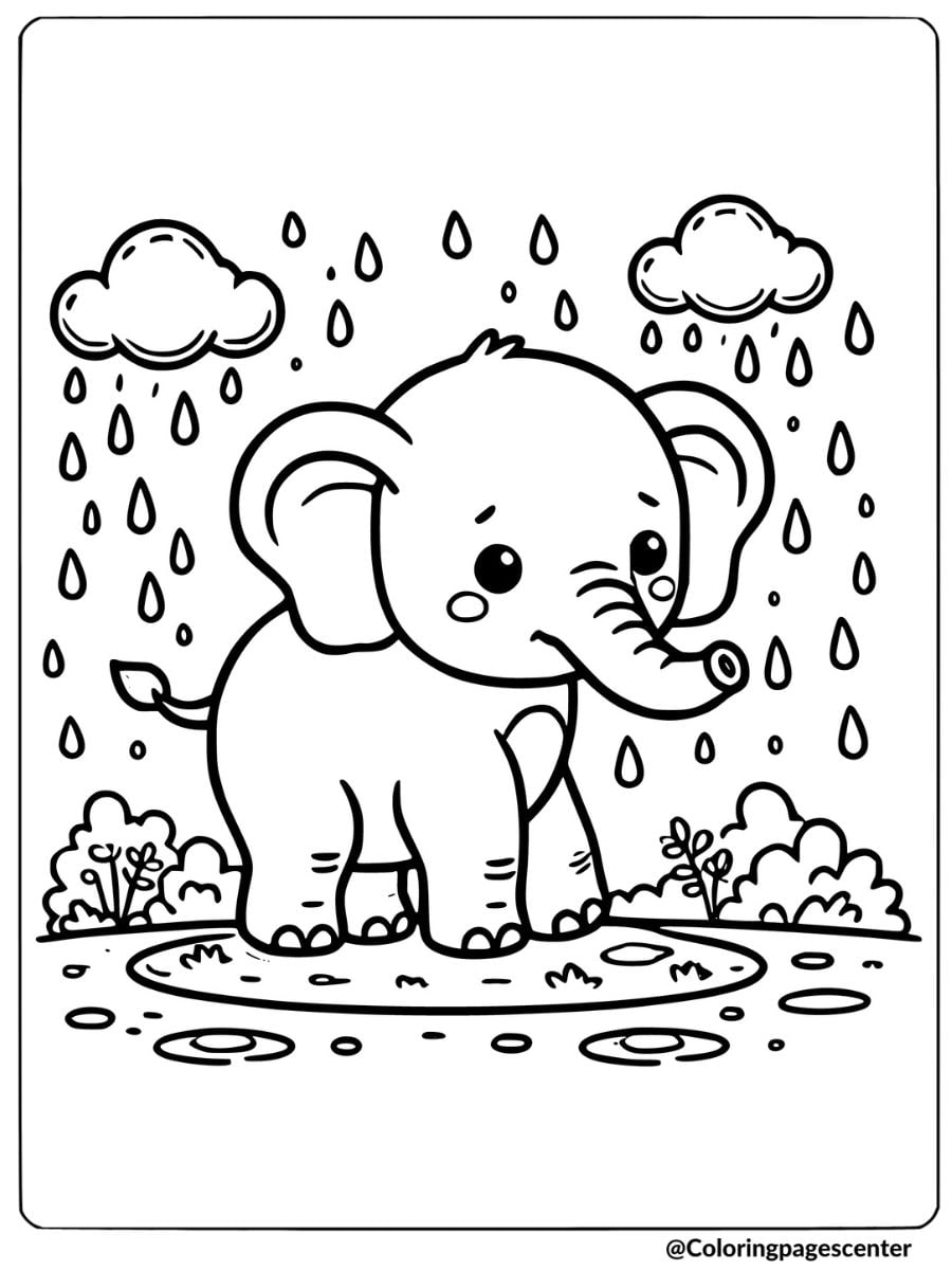 Elephant standing happily in the rain coloring page