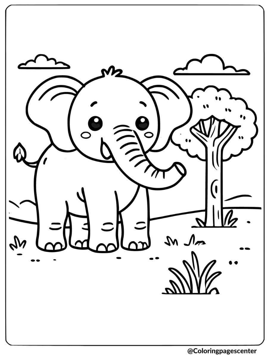 Elephant exploring lush forest landscape coloring page