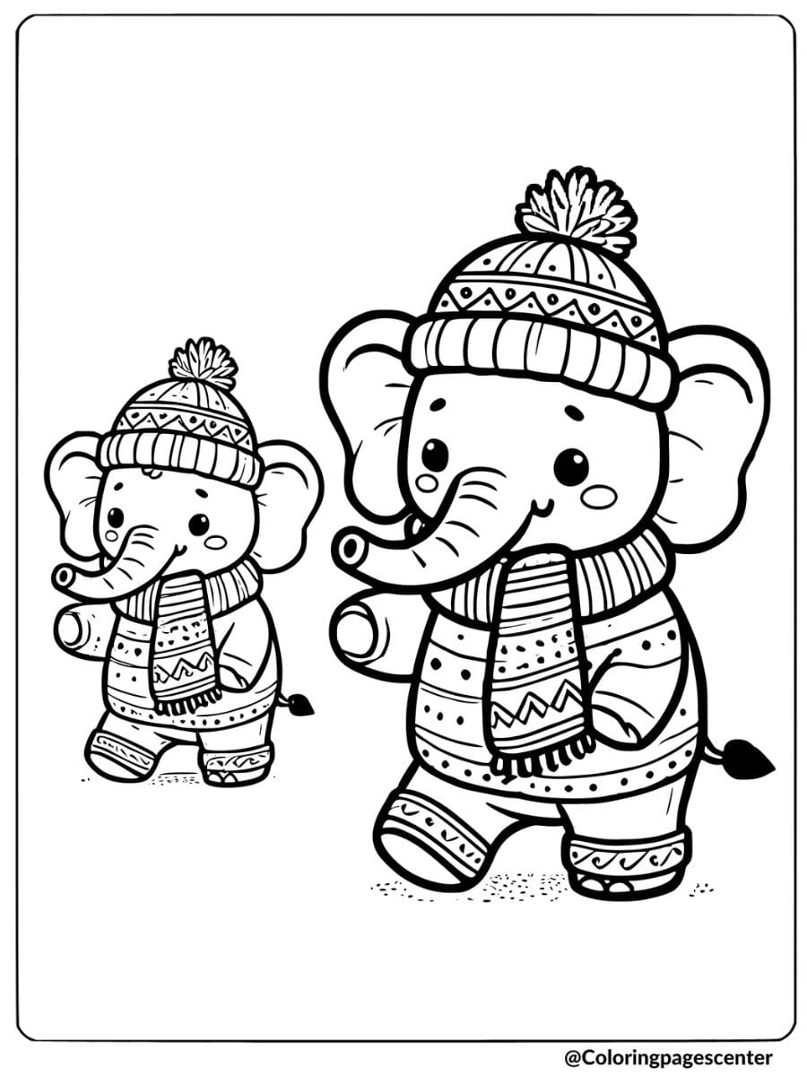 Elephants dressed in winter clothes coloring page