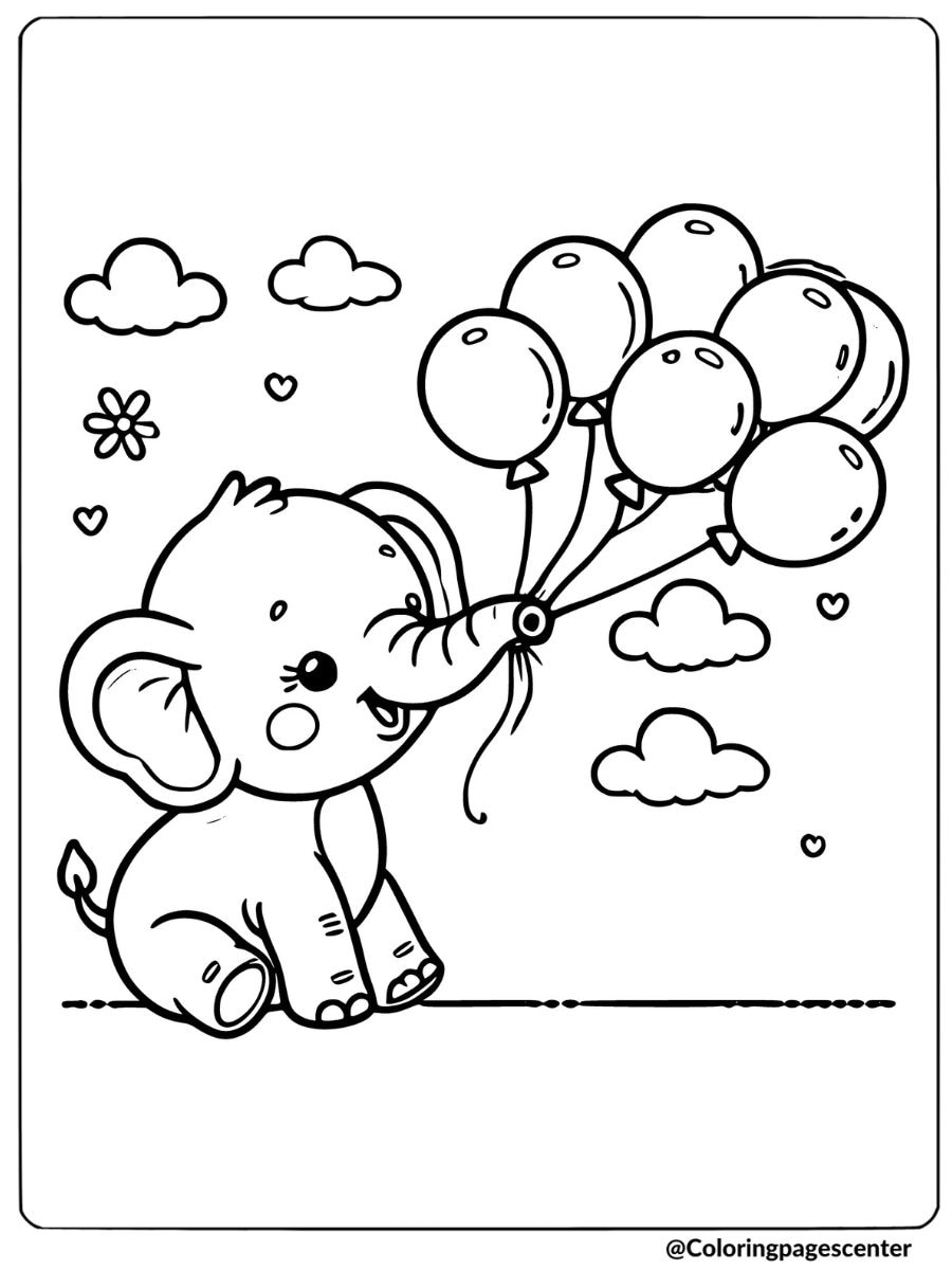 Elephant holding a bunch of balloons coloring page