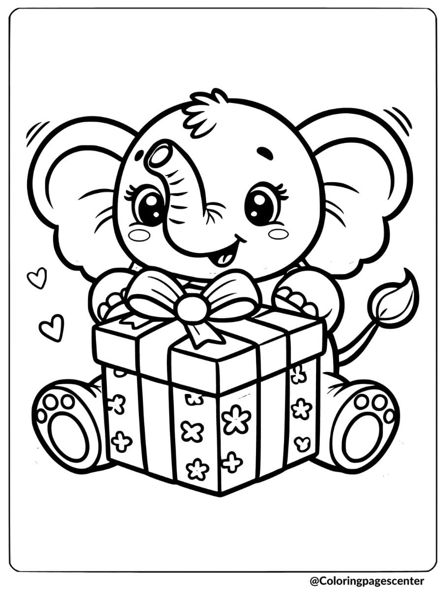 Elephant excited with a large gift box coloring page