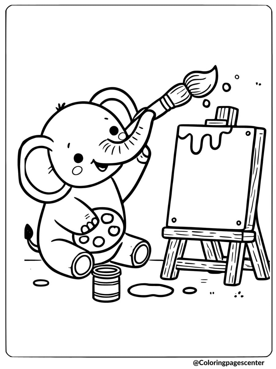 Elephant painting with brush and canvas coloring page