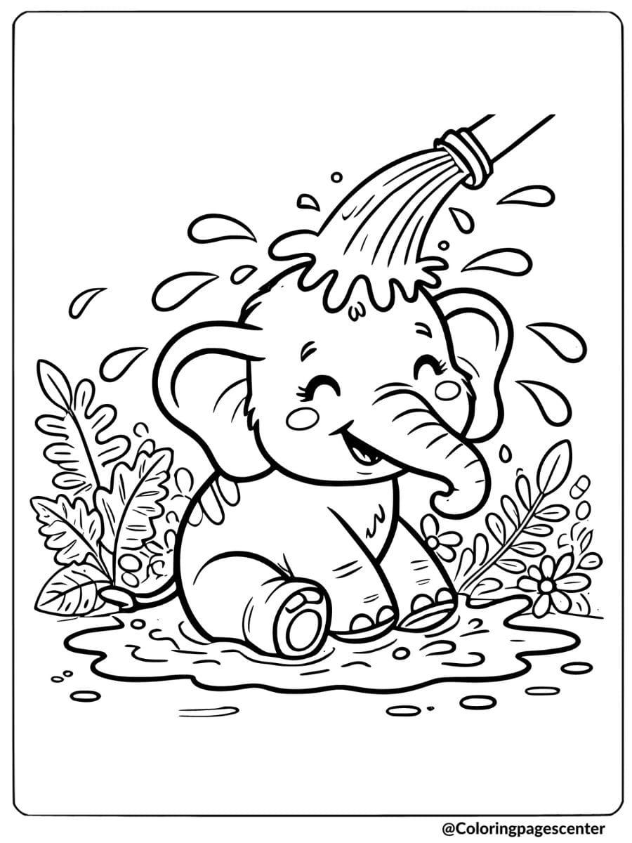 Cute elephant playing with water coloring page