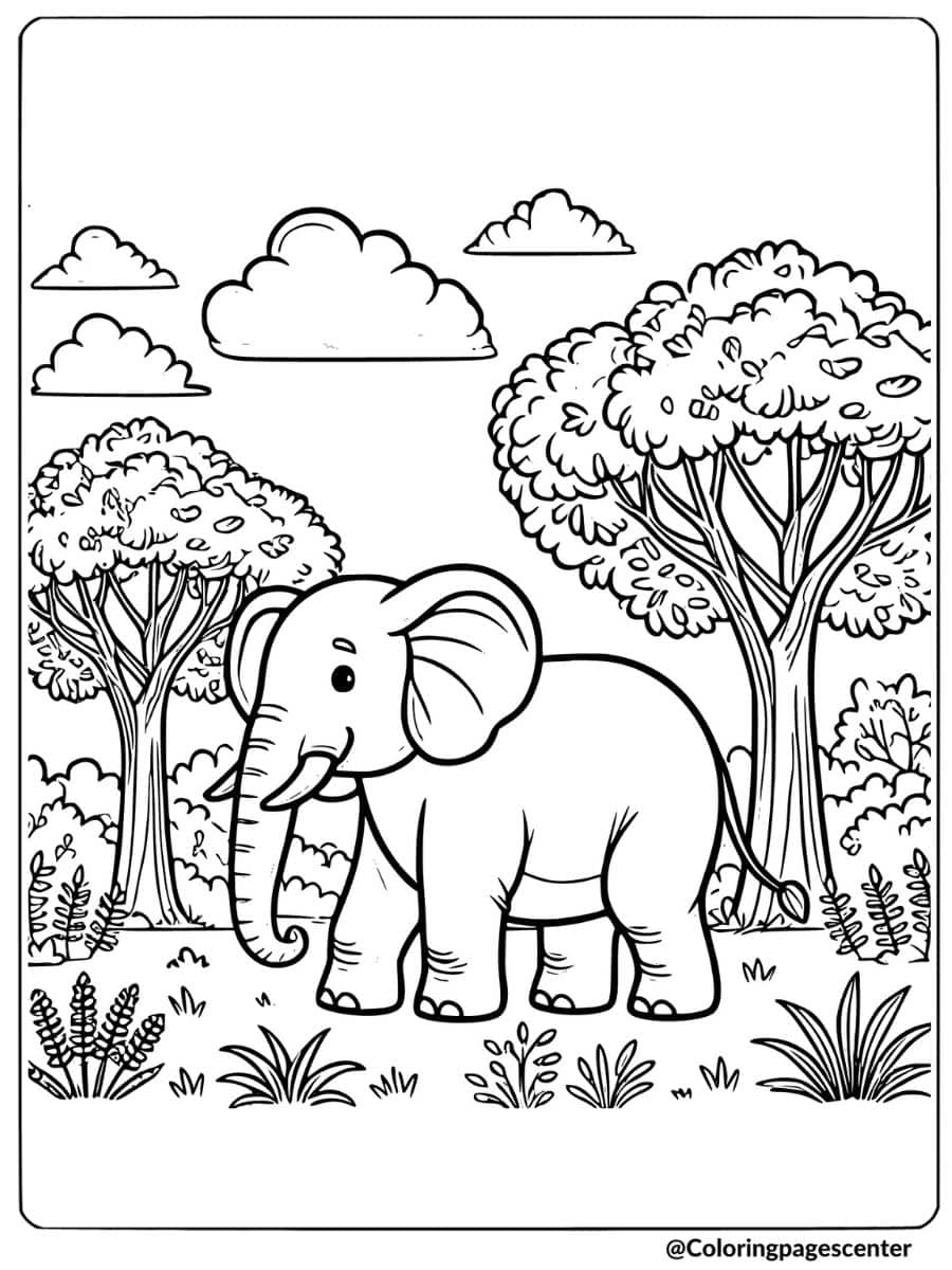 Elephant walking through a jungle landscape coloring page