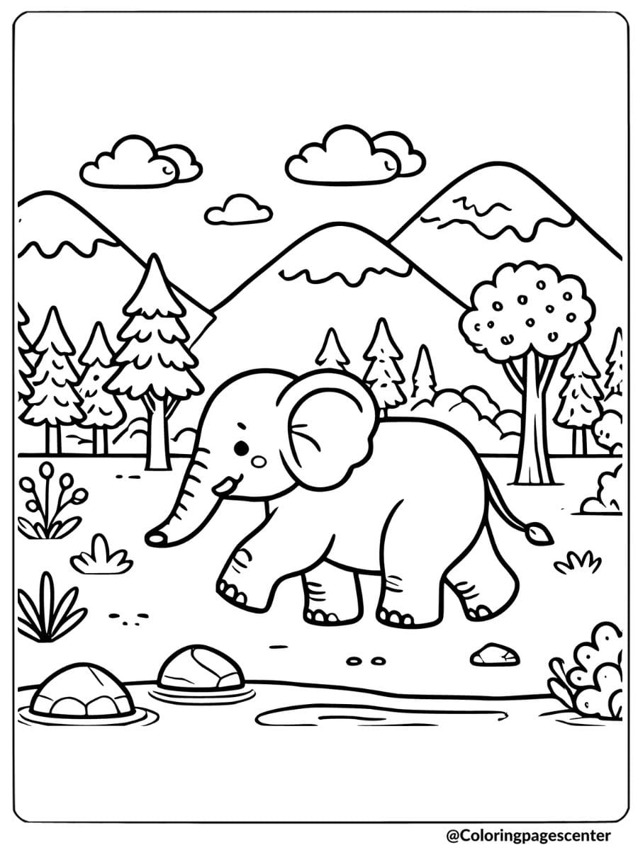 Elephant walking in the forest coloring page