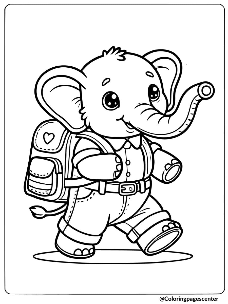 Elephant with backpack ready for school coloring page