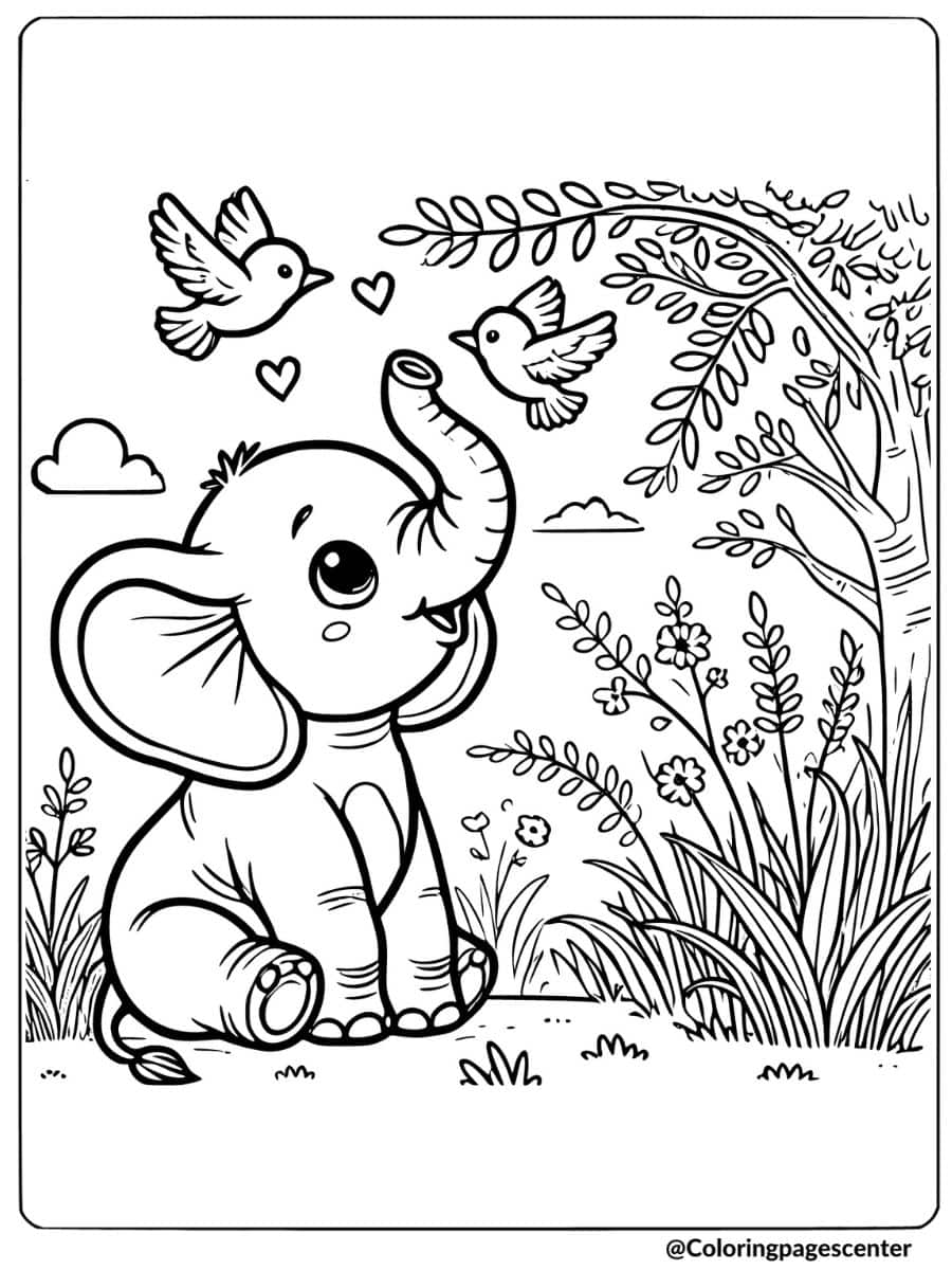 Elephant surrounded by birds and plants coloring page