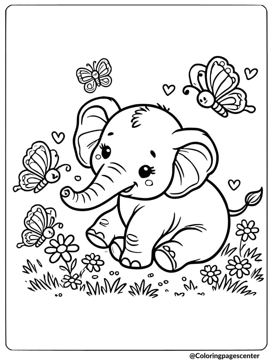 Elephant with butterflies and flowers around coloring page