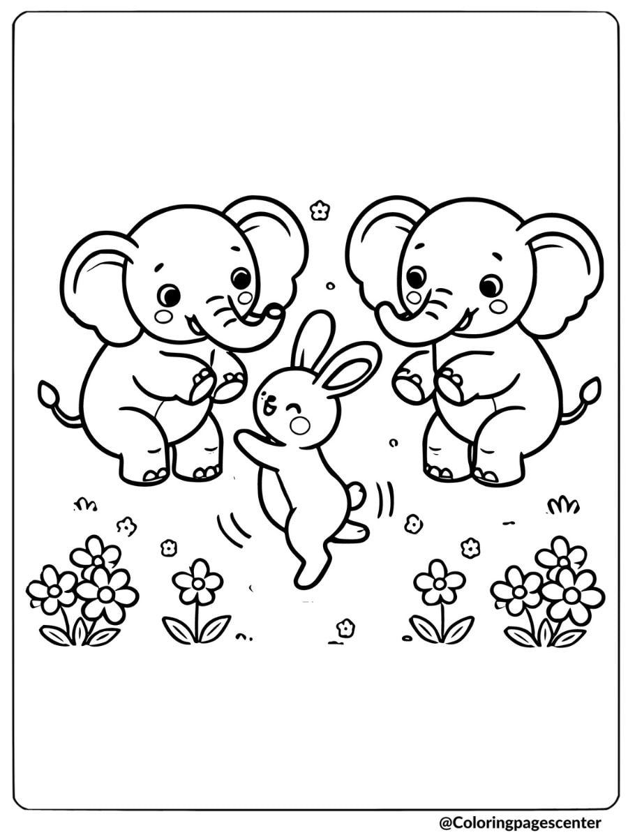 Two elephants with a bunny coloring page