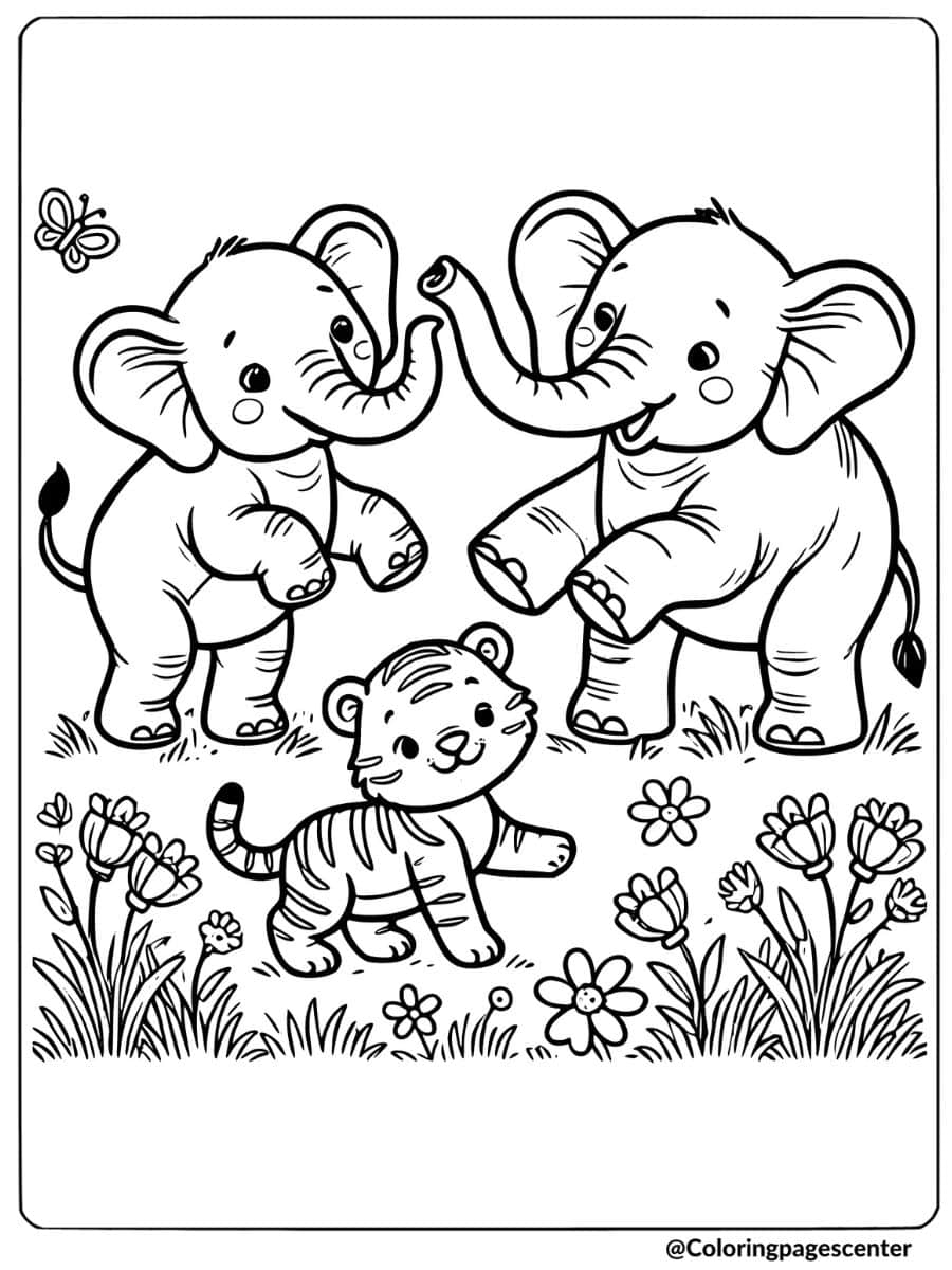 Elephants and a tiger in a meadow coloring page