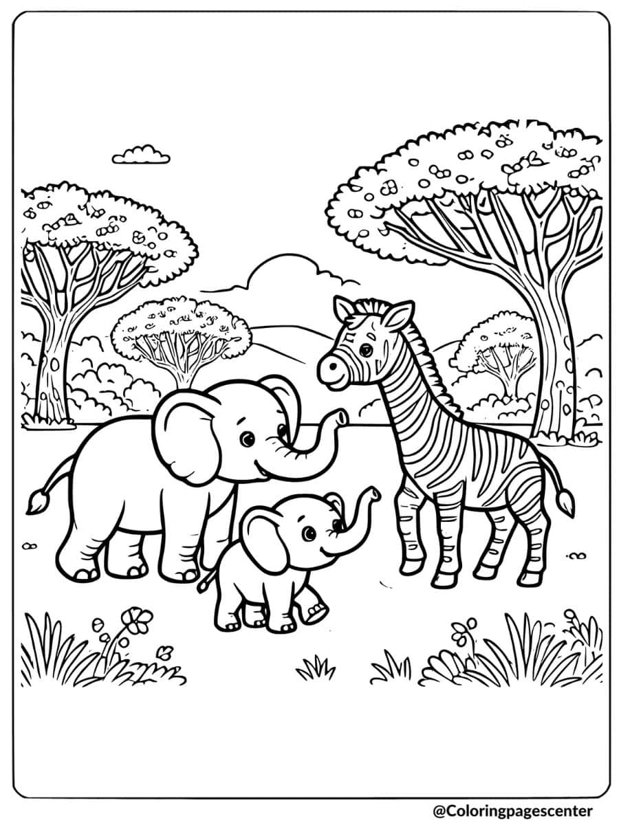 Elephants with zebra in the savanna coloring page