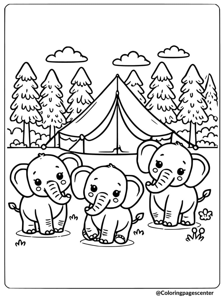 Three elephants camping in the forest coloring page