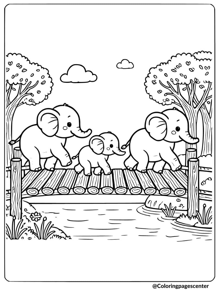 Elephants on a bridge over a river coloring page