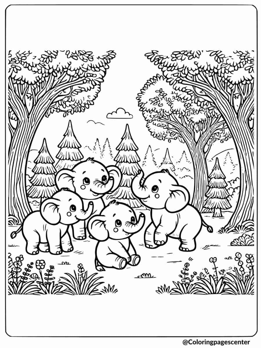 Elephants together in the forest coloring page