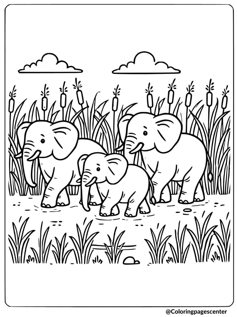 Family of elephants in tall grass coloring page