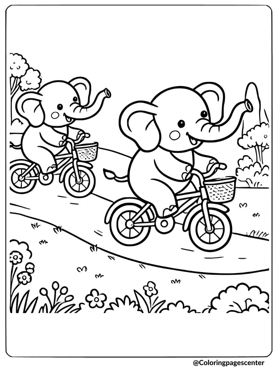 Elephants cycling on a path coloring page