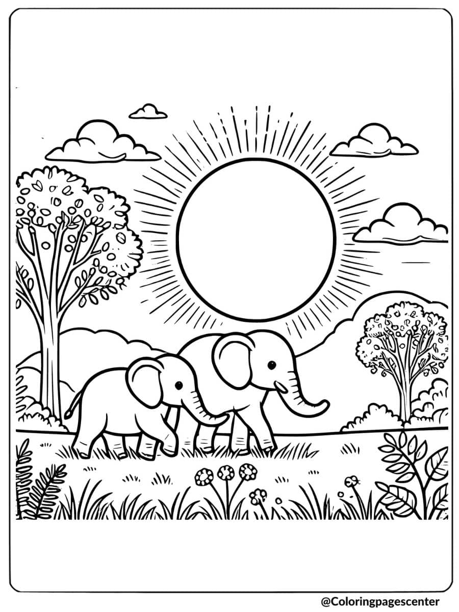 Elephants strolling in a sunny landscape coloring page