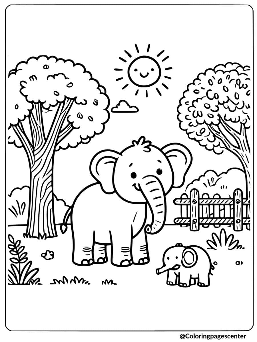 Elephants in a sunny forest with trees coloring page