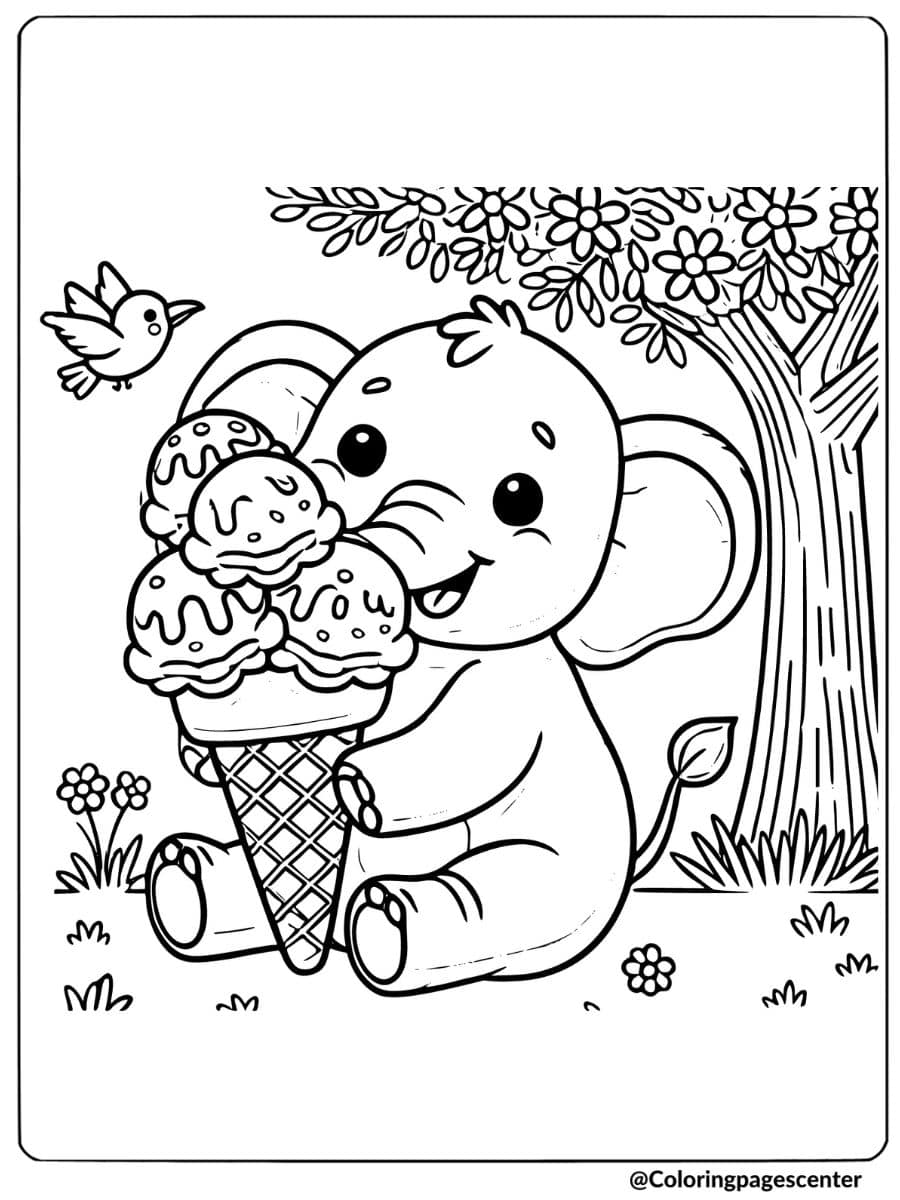 Elephant holding ice cream cone coloring page