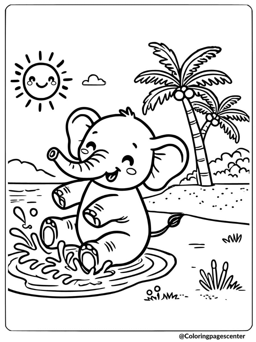 Cheerful elephant splashing in a puddle coloring page