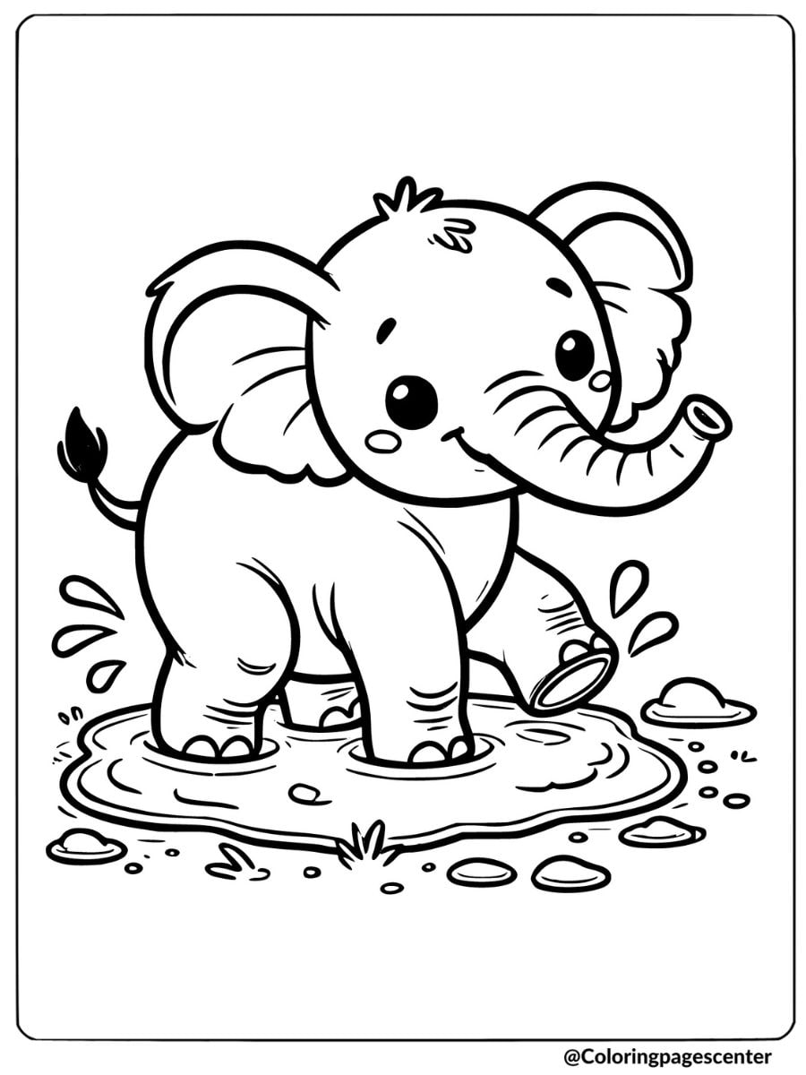 Elephant splashing happily in a puddle coloring page