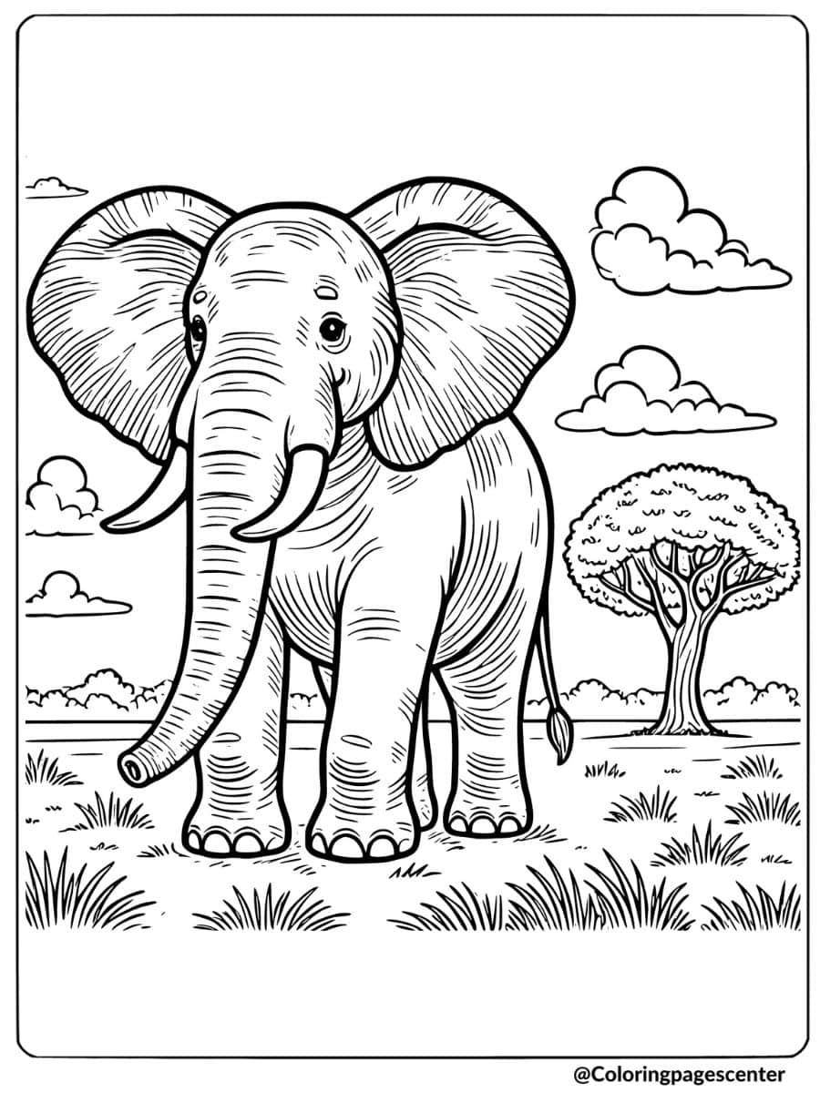 Majestic elephant standing in savanna coloring page